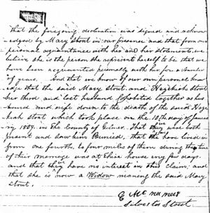 Mary Stout, widow of Hezekiah Stout, pension application showing Hezekiah died Jan 10 1859.