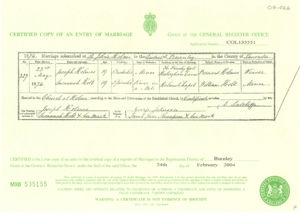 Marriage Registration Certificate for Joseph Holmes and Susannah Holt, 1874