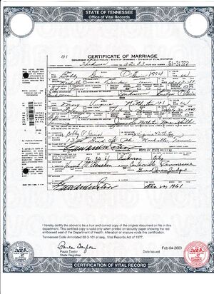 Marriage Certificate of Bobby Gene O'Guinn to Mary Virginia Netherton