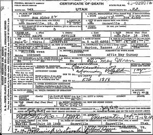 Ralph Orville Wren death certificate
