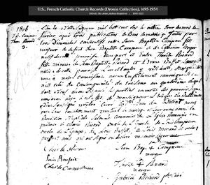 Mariage Jean-Baptiste Campeau et Thérèse Rivard 11 FEb 1806 Ste-Anne, Detroit