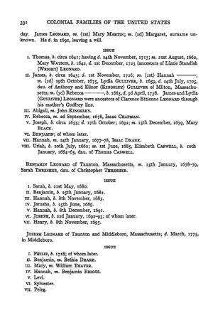 Colonial Families of the USA, 1607-1775. Volume IV Page 332.  Leonard Family 
