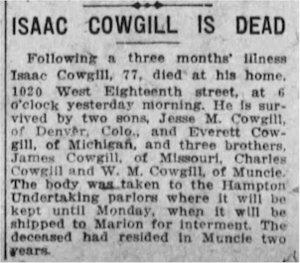  Isaac Cowgill's obituary clipped from the The Star Press, 02 March 1918 Saturday page 14.