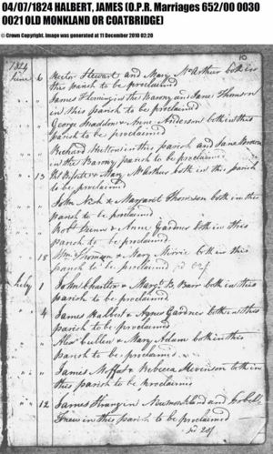 July 4, 1824 for James Halbert, and Agnes Gardner Old Monkland Coatbridge Lanarkshire, Scotland OPR 
