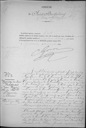 Certificat de mariage de Jean Marie Magras et Eléanore Bernier