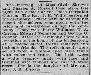 1898. Marriage of Charles Norvell and Clyde Shroyer