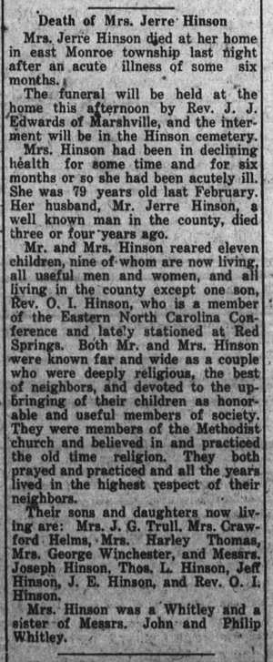 Death of Mrs. Jerre Hinson