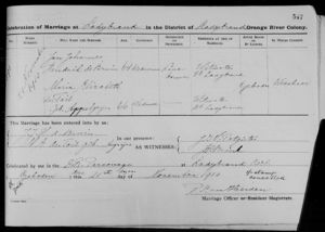 Marriage:  Jan Johannes Hendrik de Bruin, Maria Elizabeth Appelgryn 21 November 1910