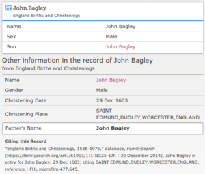 Christening of John Bagley's son John Bagley II