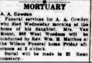 Obituary for A A Cowden - 14 Feb 1929