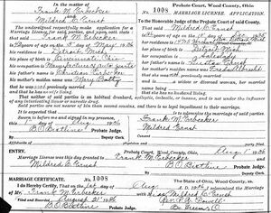 Frank M Erbecker and Mildred C Ernst Marriage Record