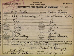 Marriage certificate for Harry Needle and Lillie Epstein, p1