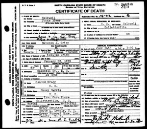Rebecca Gragg Crisp Caldwell County North Carolina  Death Certificate