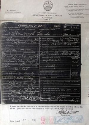 William Joe Lamb's death certificate