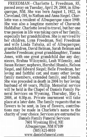 Obituary for Charlotte L Freedman
