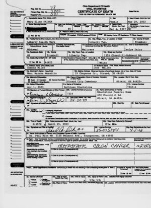 Death Certificate for Mary Ellen Miles Favier