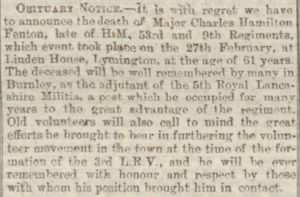 Burnley Express 01 April 1882 - Obituary for Major Charles Hamilton Fenton