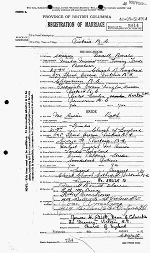 Marriage Certificate of Darrell Warren and Ruth McAnerin Image 1
