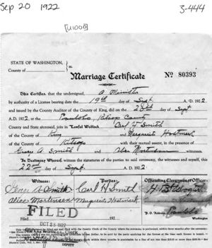 Marriage Certificate for Carl H Smith and Marguerite Hostmark