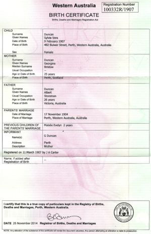 Sylvia Vera Maude Duncan Birth Certificate