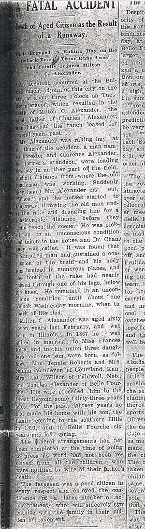 Newspaper account of the death of Milton C. Alexander (the identity of the newspaper is unknown)