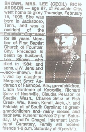 obituary (likely published in Knoxville News Sentinel) 