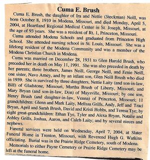 Obituary of Cuma (Neill) Brush