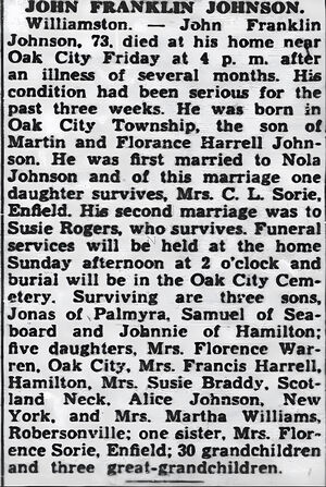 John Franklin Johnson Obituary, 1951