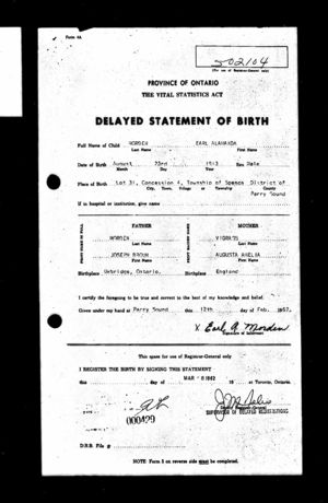 Earl Morden Birth Record