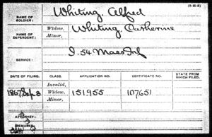 Military Pension Application for widow Catherine of Sergeant Alfred Whiting, 54th Massachusetts Volunteer Infantry, Company I