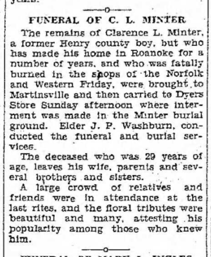Martinsville News:  Funeral of C. L. Minter