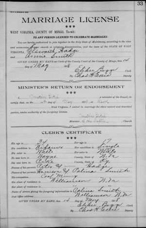 Elsworth Hodge and Annie Smith Marriage Record