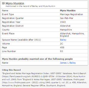 Marriage Registration: Myra Hunkin and James Lloyd Bailey