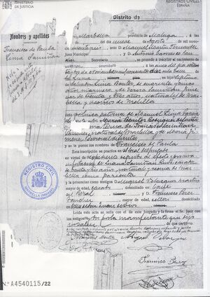 Certificado de nacimiento de Francisco de Paula Lima Samiñan (1910) 1/2