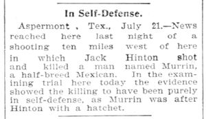 Jack Hinton killed Murrin in self-defense · Fort Worth, Texas · 23 January 1899