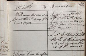 record of William Boice by GEH Meeting Births and Burials book