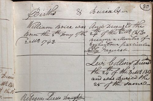 record of William Boice by GEH Meeting Births and Burials book (New Jersey, United States)