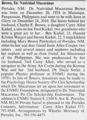 Obituary for Dr. Natividad Macaranas Brown