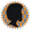 Black Male in Silhouette with teal shadow, on Kente design background in orange, red, and blue.
