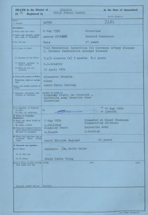 death certificate of Andrew STEPHEN