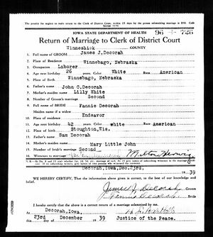 Marriage License of Fannie Decorah and James Decorah