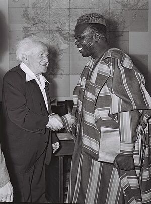 CHIEF S.L. AKINTOLA, PRIME MIN. OF WESTERN NIGERIA, WITH PRIME MINISTER DAVID BEN GURION, AT THE PM'S OFFICE IN JERUSALEM