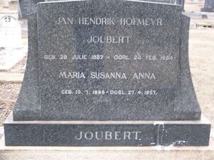 Headstone - Jan Hendrik Hofmeyr Joubert & Maria Susanna Anna (van Niekerk) Joubert
