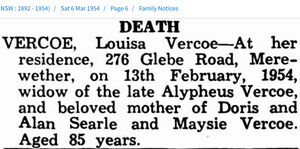 Louisa Vercoe nee Bartlett Death Notice