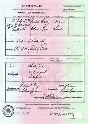 Marriage certificate of Michael Day (spelt Dey on certificate) and Clara Leis