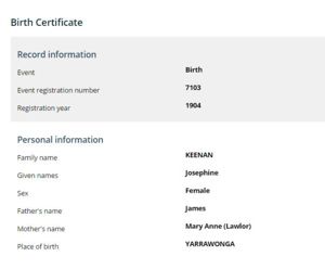 Birth Index for Josephine Keenan