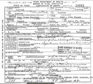 Gussie G Pitts Jordan TX Death Certificate