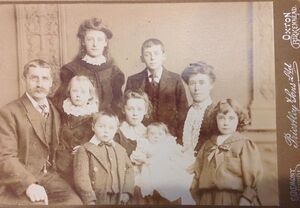 Alfred Aldridge Family: R to L top: Elizabeth, Alfred Henry, Charlotte (Cullern) Aldridge; mid: Alfred, Louisa Charlotte, Emily Nora; fr: Thomas, baby Jessie, Elsie