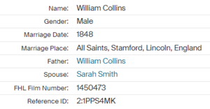 William and Sarah  Collins Marriage