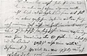 Hand writing and signature of Philip Munch on his will, 1796